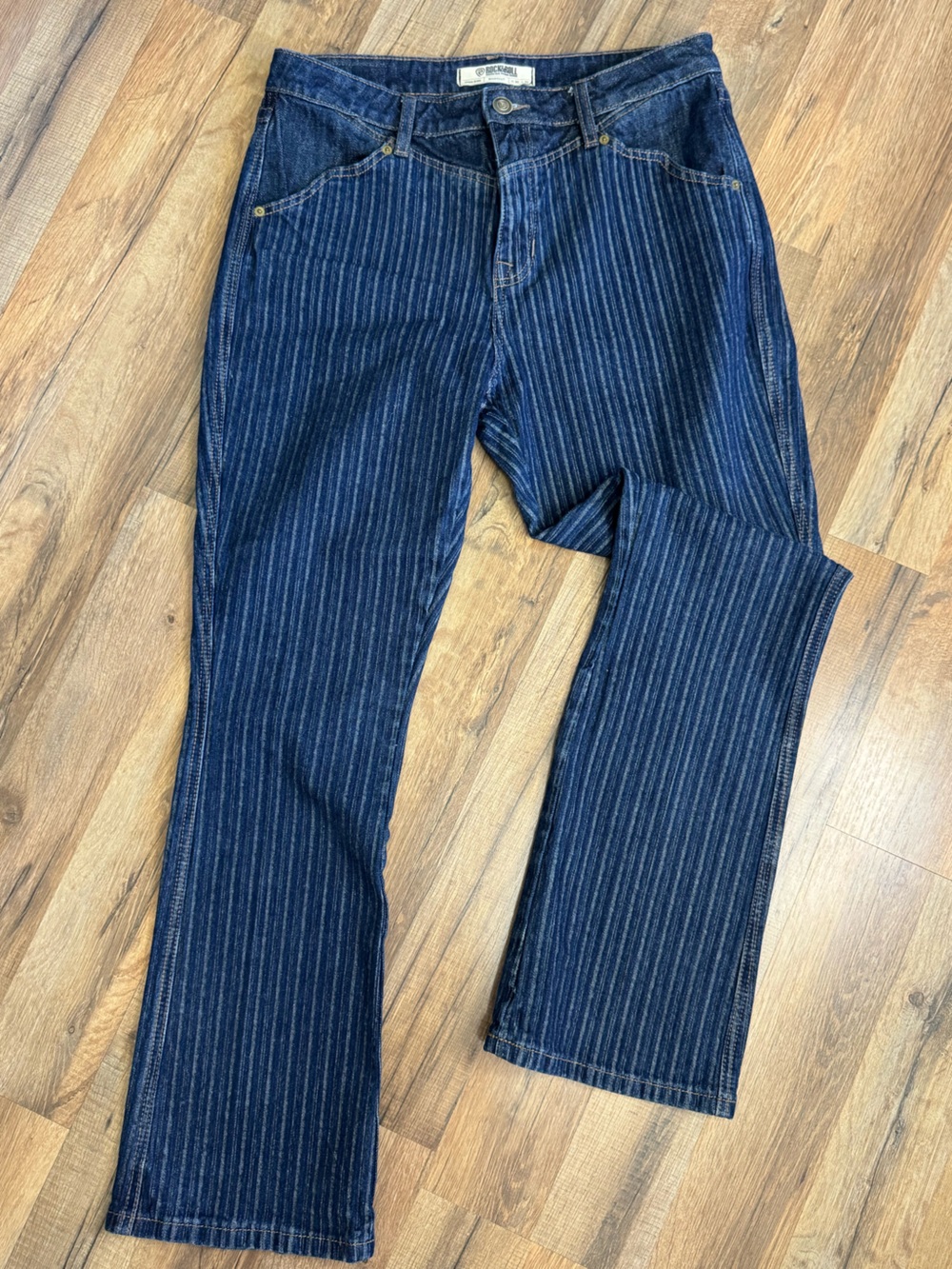 Rock & Roll Denim Pinstripe Bootcut Jeans High Rise Dark Wash Smile Pocket 30x32